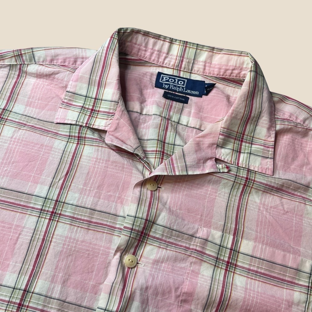 Polo Ralph Lauren Shirt Mens Large Short Sleeve Pink Plaid Camp Collar Cotton